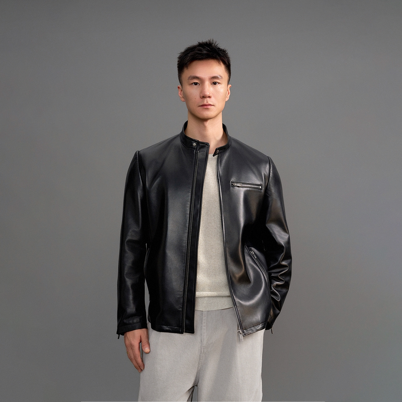 100% Top-Grain Calfskin/Sheepskin Tailored Leather Jacket, Textured Genuine Leather Stand-Up Collar Minimalist Jacket