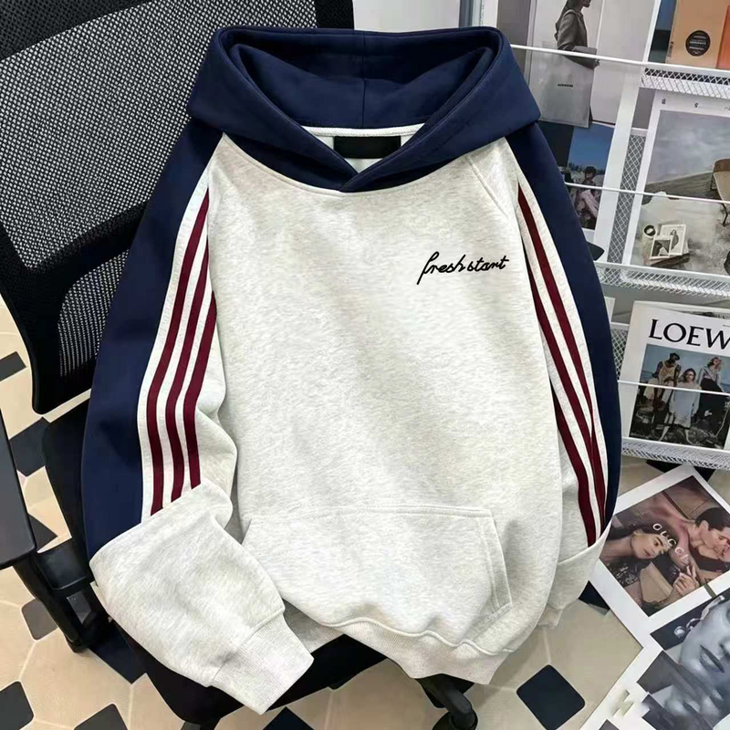 Designed Hooded Heavyweight Three-Stripe Sweatshirt for Men, New Oversize Patchwork Color-Block Couple's Top for Autumn and Winter Designed Hooded Heavyweight Three-Stripe Sweatshirt for Men, New Oversize Patchwork Color-Block Couple's Top for Autumn and Winter