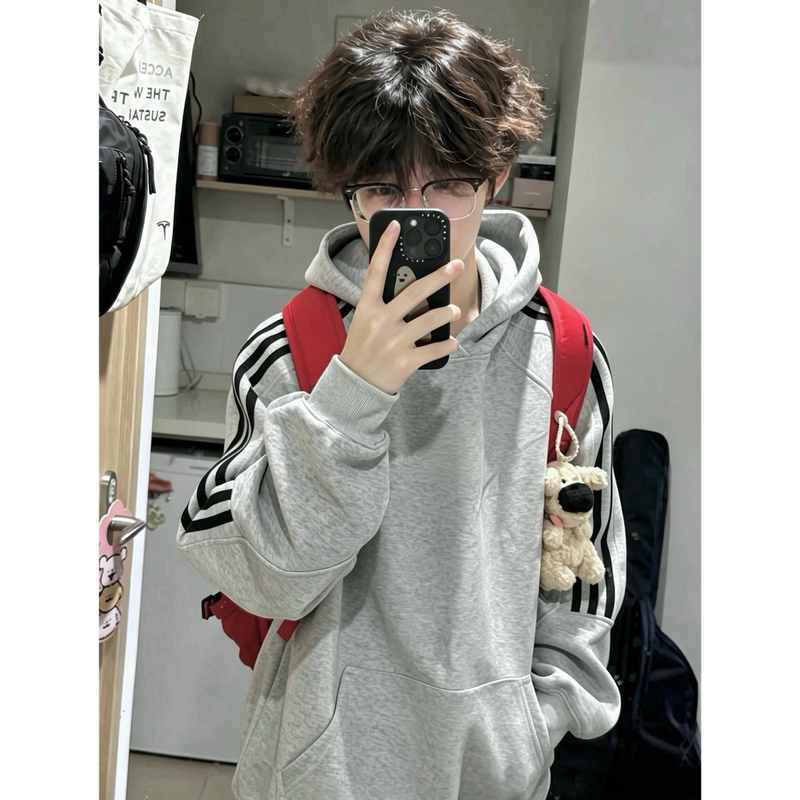 2026 New American-Style Unisex Hooded Sweatshirt for Men, Autumn and Winter, Fleece-Lined, Thickened, Loose Fit, Slimming, Three-Stripe Top 2026 New American-Style Unisex Hooded Sweatshirt for Men, Autumn and Winter, Fleece-Lined, Thickened, Loose Fit, Slimming, Three-Stripe Top