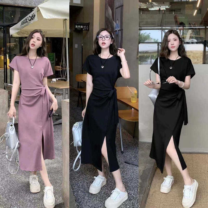 Korean Style Simple Solid Color Short-Sleeved Dress for Women with Tie Waist, Slimming, Irregular Side Slit, Mid-Length Dress Korean Style Simple Solid Color Short-Sleeved Dress for Women with Tie Waist, Slimming, Irregular Side Slit, Mid-Length Dress