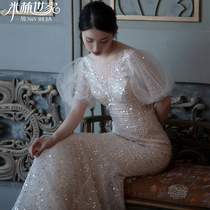 New bubble sleeve starry sky fishtail wedding dress luxury bling European and American forest fairy thin heavy industry net red