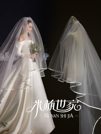 张馨予明星同款超长软头纱包边缎面简约遮面韩式婚纱旅拍双层高清