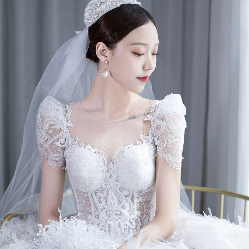 Fugitive princess new big trailing main wedding dress Extravagant Twinkle Feather Lace Fluffy Skirt Eurostyle Bubble Sleeve