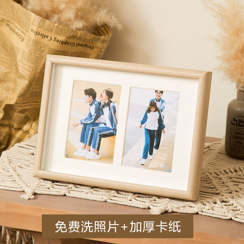 Wash photo made into photo frame combined photo swing table photo 10 6 inch wedding dress photo original wood color picture frame hanging wall three-connected
