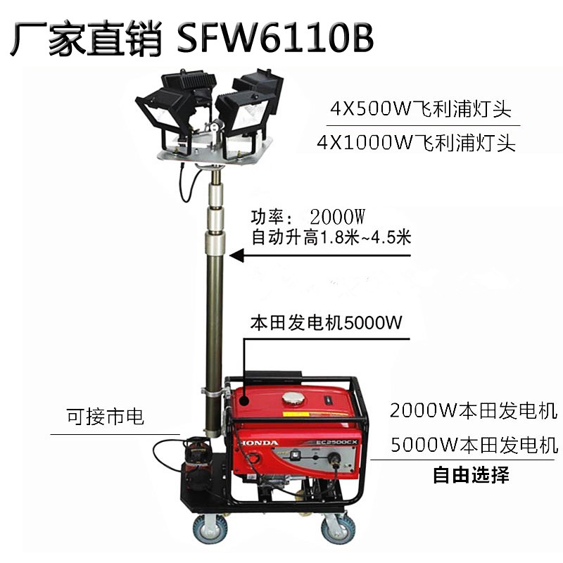 Ocean Wang SFW6110B LED projector lights automatic lifting work lamp Honda generator diesel engine lights
