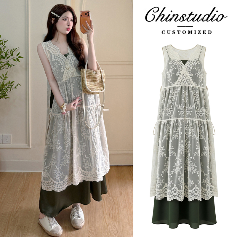 Maternity Summer Outfit Dress 2026 New Style Mori-Style Lace Overlay Dress Layered Skirt Elegant French Style Outfit