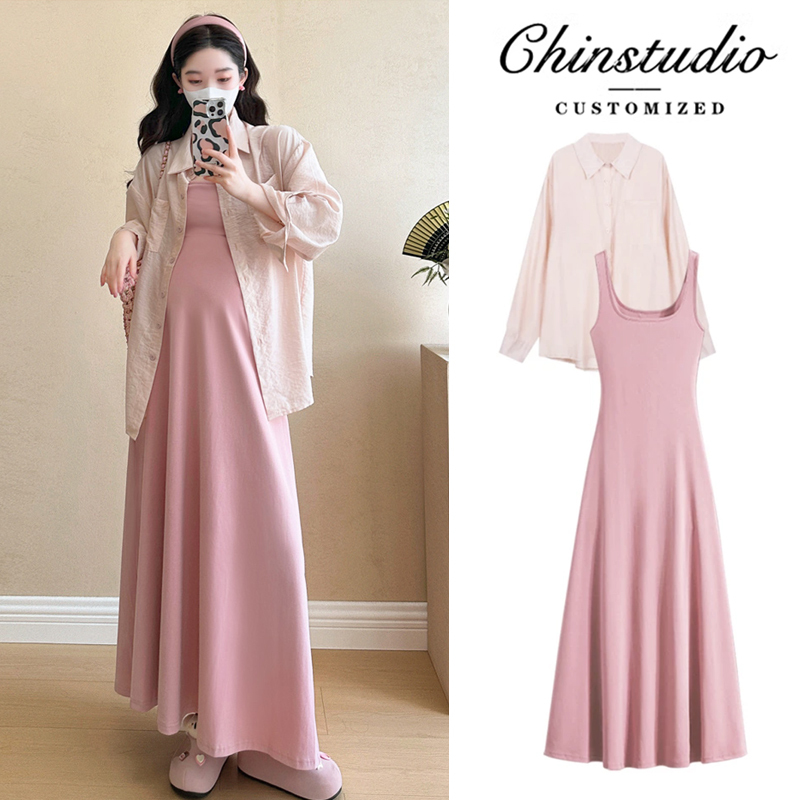 Maternity Summer Clothes 2026 New Style Dress Pink Shirt Two-Piece Summer Set Pregnant Mom High-End Outfit Maternity Summer Clothes 2026 New Style Dress Pink Shirt Two-Piece Summer Set Pregnant Mom High-End Outfit