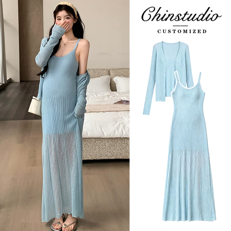 Maternity Wear Summer Suit Light Blue Dress Ice Silk Sun Protection Clothing 2026 New Style Suspender Skirt High-End Outfit
