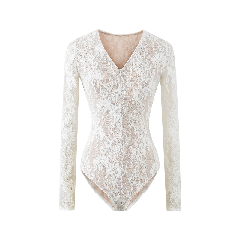 Free Shipping French Romantic Style White Double-Layer Lace Bodysuit Feminine Zipper V-Neck Long-Sleeve Waist-Cinching Base Layer
