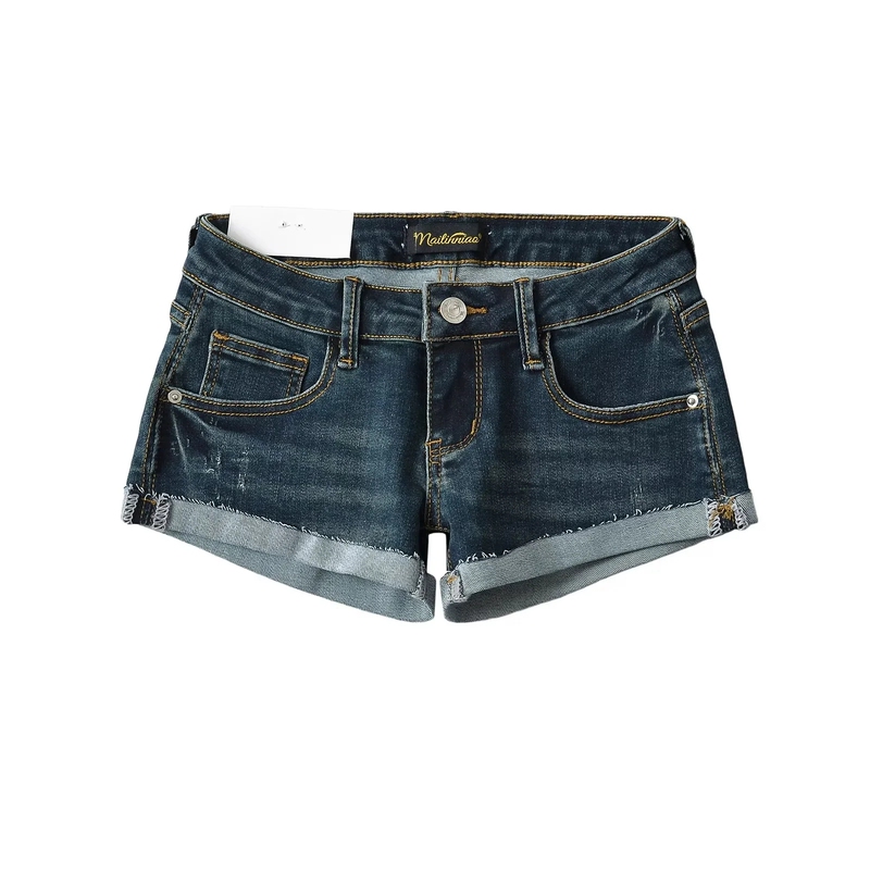  American Retro Stretchy Tight Low-Waist Denim Shorts, Feminine Summer Millennial Hot Girl Rolled Hem Hot Pants