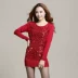 Mùa thu 2018 mới của phụ nữ Hàn Quốc phần dài cổ thấp sequin mỏng áo len túi hông áo len đáy váy - Vòng cổ áo len Vòng cổ áo len