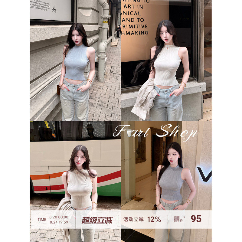 【Farte Shop】Haiji Diary Sleeveless Ribbed Half-High Collar Vest for Women, Summer Outerwear, Waist-Cinching Short Top 【Farte Shop】Haiji Diary Sleeveless Ribbed Half-High Collar Vest for Women, Summer Outerwear, Waist-Cinching Short Top