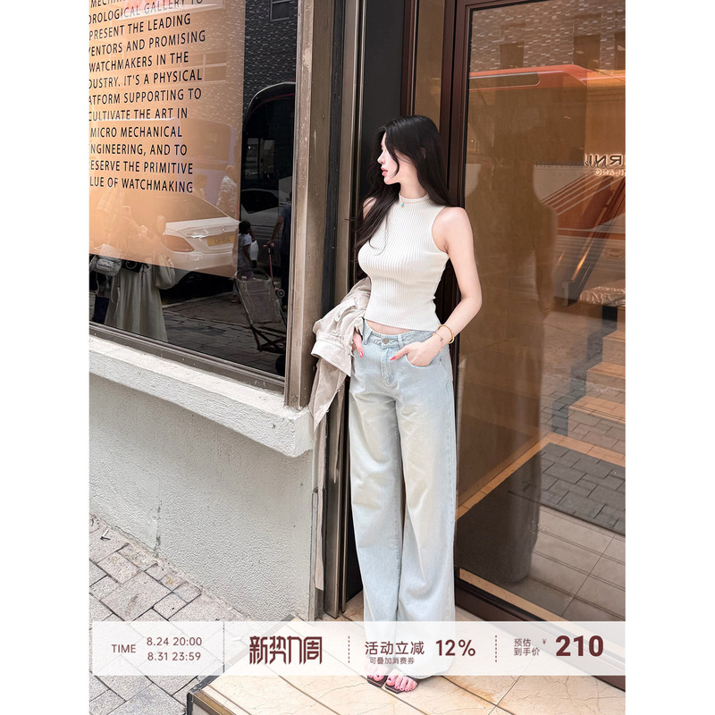 【Farte Shop】Light Oxygen Casual Day Retro Fine Vertical Striped Straight-Leg Jeans for Women Spring and Autumn Long Pants 【Farte Shop】Light Oxygen Casual Day Retro Fine Vertical Striped Straight-Leg Jeans for Women Spring and Autumn Long Pants