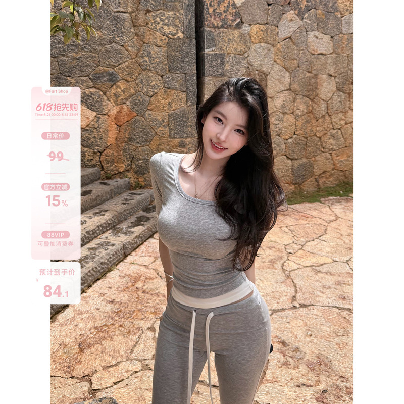 【Fart Shop】Warm Gray Interval Lyocell Fake Two-Piece Asymmetrical Shoulder Color-Block T-Shirt for Women Spring/Summer Waist-Cinching Top
