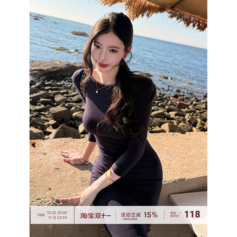 【Farte Shop】Nanfanes Navy Blue Boat Neck Three-Quarter Sleeve Dress for Women, Autumn and Winter Bodycon Short Skirt