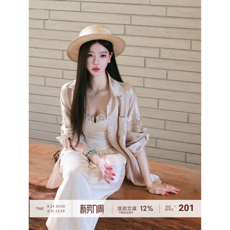【Farte Shop】Palm Sunset Champagne Color Pearlescent Satin Elegant Shirt Women's Spring and Summer Loose Top