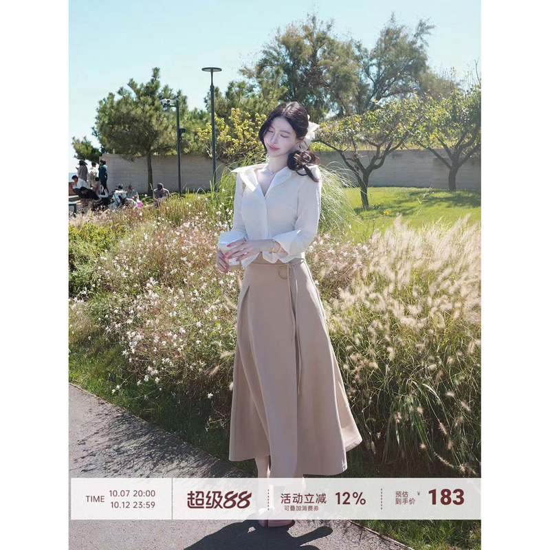 【Farte Shop】Sweet Almond Khaki A-Line Crisp Waist-Cinching Skirt Women's Spring and Autumn Long Skirt