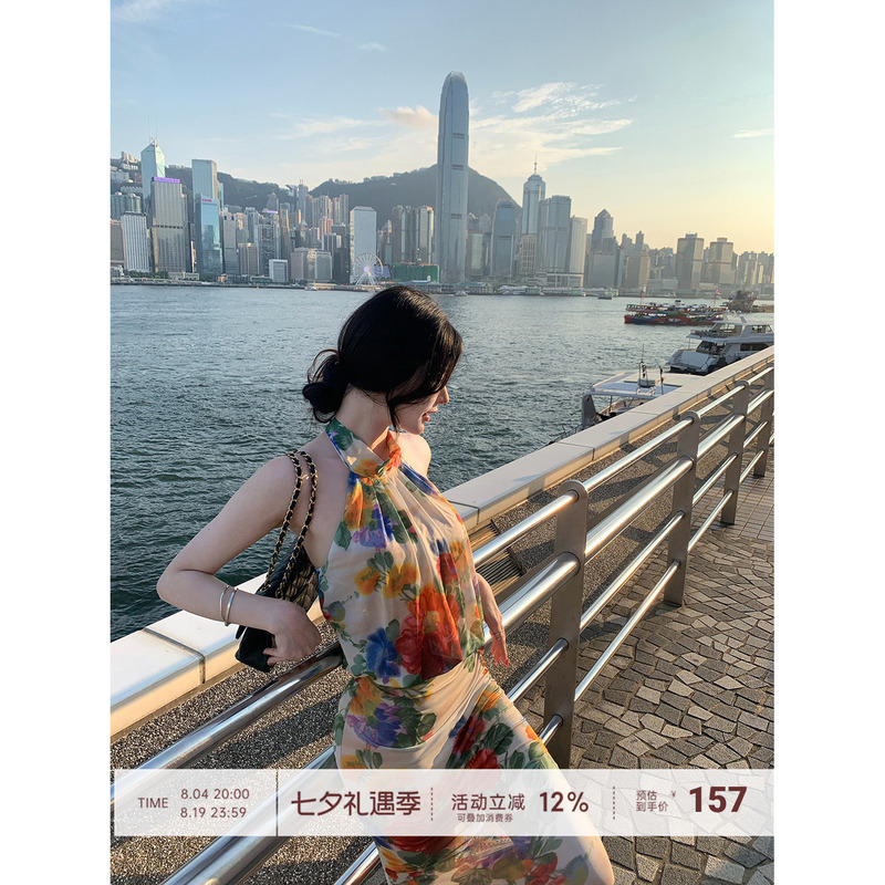 【Farte Shop】Spring Flowers in the Rain Halter Neck Tie Backless Printed Dress Women's Spring and Summer Bodycon Midi Dress 【Farte Shop】Spring Flowers in the Rain Halter Neck Tie Backless Printed Dress Women's Spring and Summer Bodycon Midi Dress