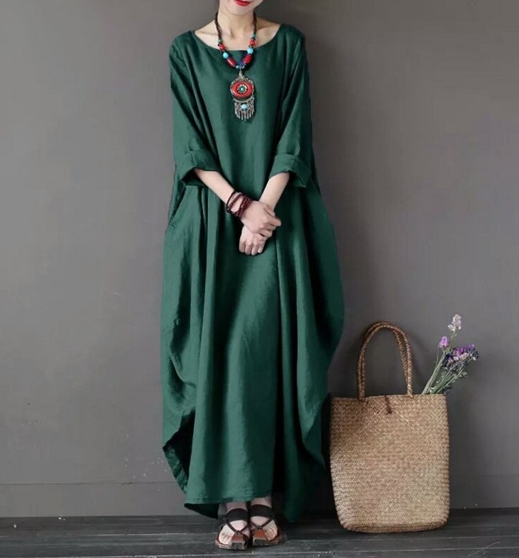 Women Cotton Linen Kaftan Dress Plus Size Vintage Loose Casual Boho Swing Maxi Asymmetric Dresses for Beach Cocktail Party
