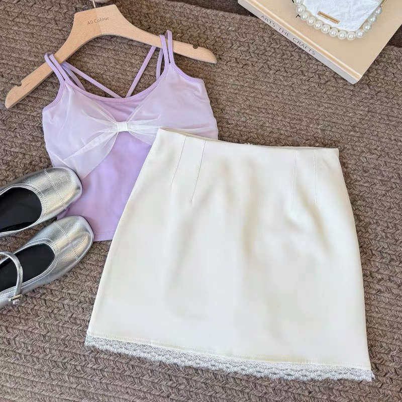 Korean Style White Skirt for Women, New Summer Lace Trim High-Waisted Pencil Skirt, Petite A-Line Short Skirt