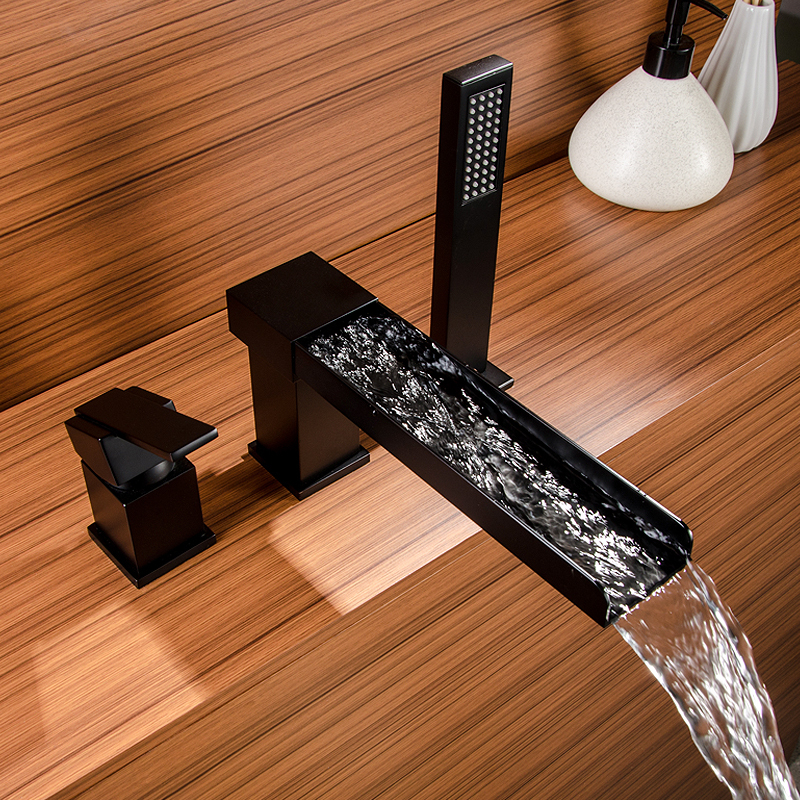All-Copper Bathroom Bathtub Waterfall Faucet, Freestanding Three-Piece Gold Set with Black Hot and Cold Water Shower Set