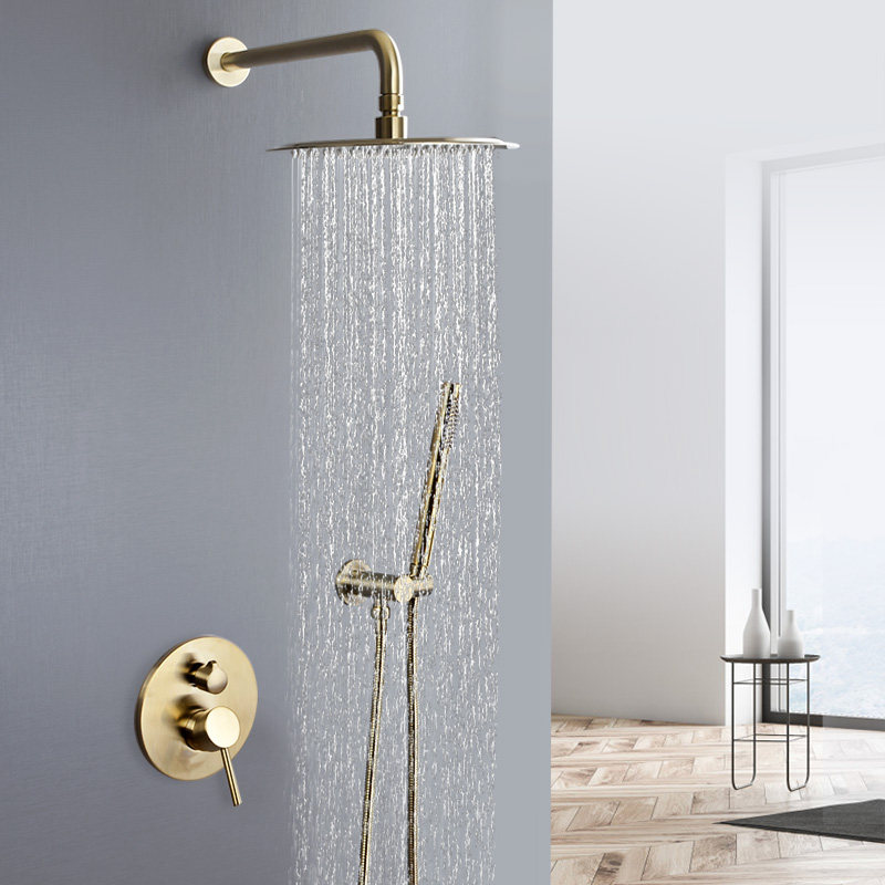 Round Antique Brushed Gold Concealed Wall Mounted Shower Shower Set Full Copper Hot and Cold Mixing Valve Faucet Set