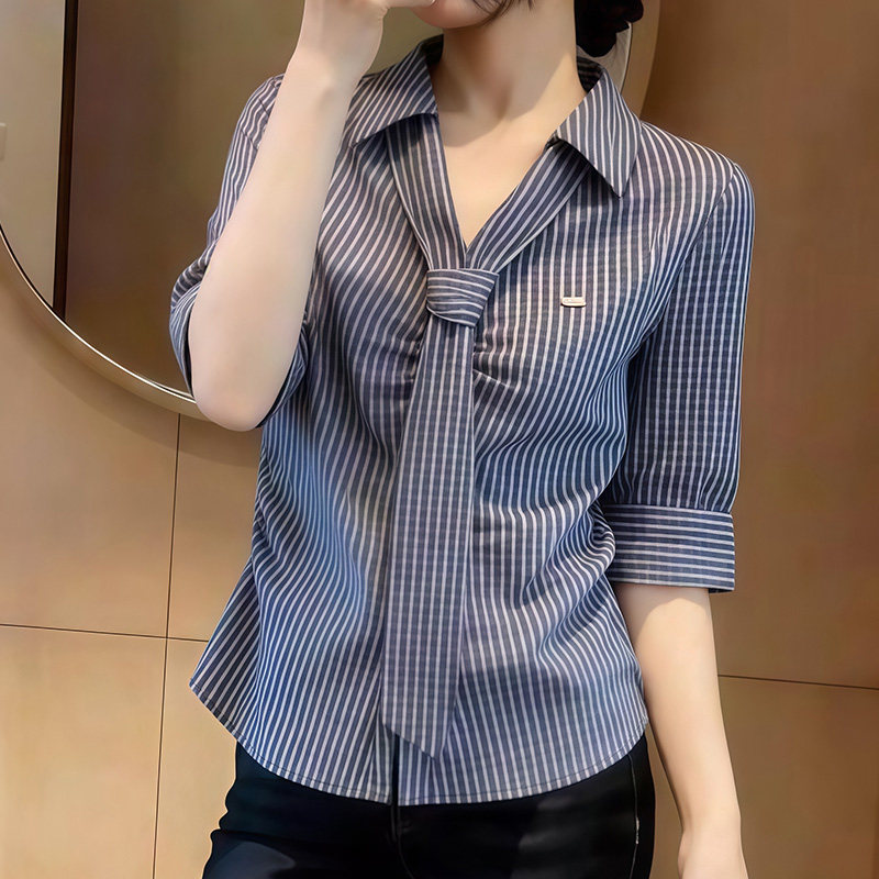 时尚设计感翻领系带条纹衬衫女夏装2026新款百搭气质显瘦短袖衬衣