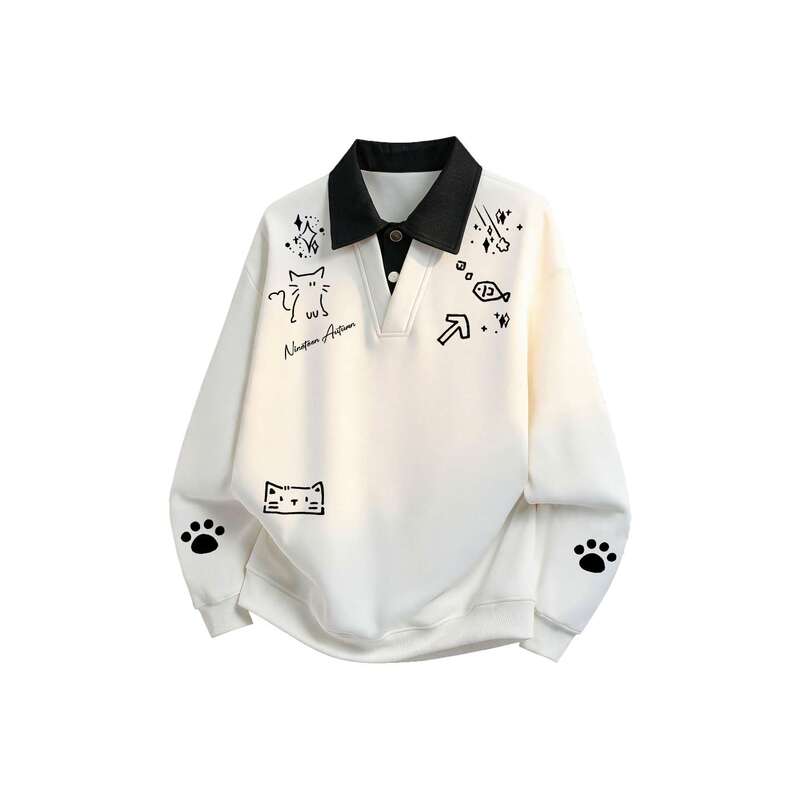 Tldv Cartoon Cute Cat Logo Print Design High-End Fake Two-Piece Long-Sleeve Base Shirt Sweatshirt
