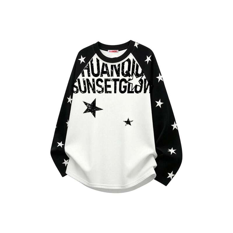 Tldv American-Style High Street Retro Raglan Full-Print Star and Letter Graphic Loose T-Shirt Unisex