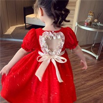 Girls dresses summer 2021 new children bubble sleeve princess dress red hollow heart beauty back chiffon skirt