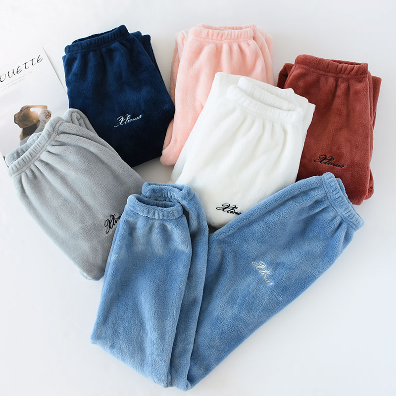 Men's and women's coral fleece pajamas women's winter and autumn trousers flannel loose home plus velvet thick warm fairy warm pants