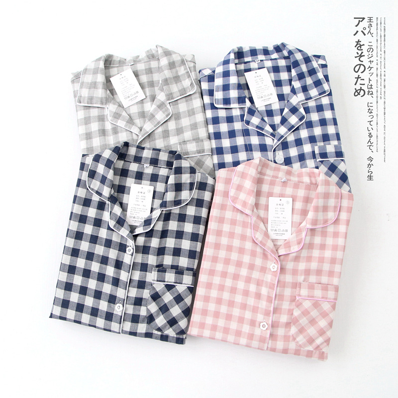 Japanese plaid couple pajamas spring and autumn cotton gauze long-sleeved women's men's autumn cotton homewear suit