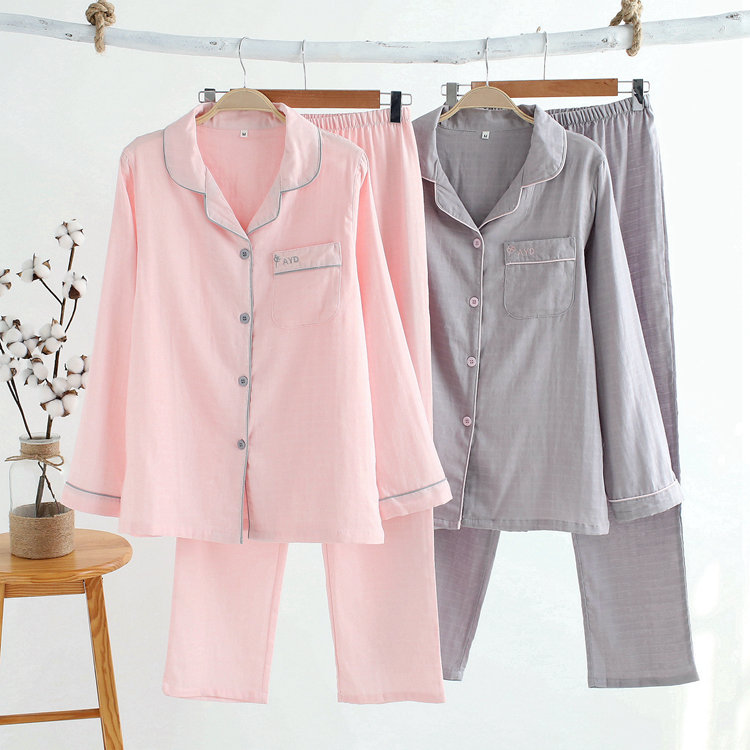 Japanese couple men's and women's pajamas spring and autumn pure cotton gauze long-sleeved women's sweet summer home service suit