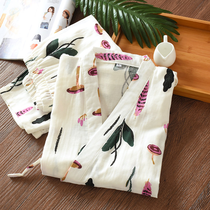 Ladies cotton pajamas spring and autumn double layer cotton gauze mid-sleeve trousers Japanese-style kimono loungewear suit foreign trade