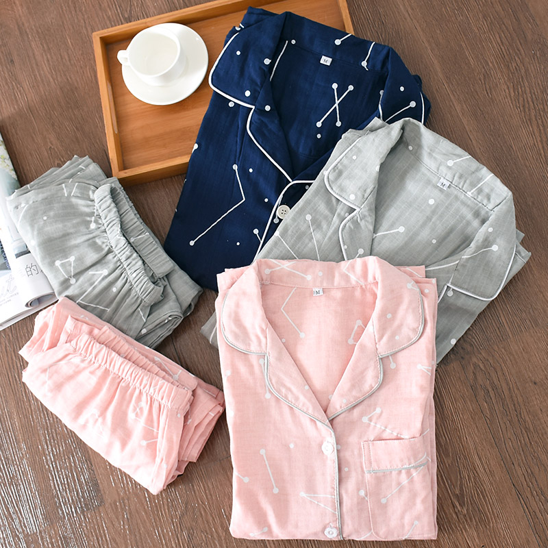 Japanese couple pajamas spring, summer and autumn cotton gauze long-sleeved ladies men's autumn casual home wear suit
