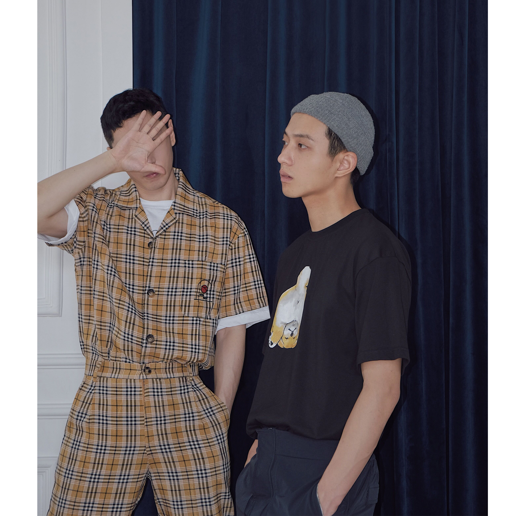 24KHOMME summer gao class trend ins plaid short sleeve shirt men Korean loose casual pants two-piece set