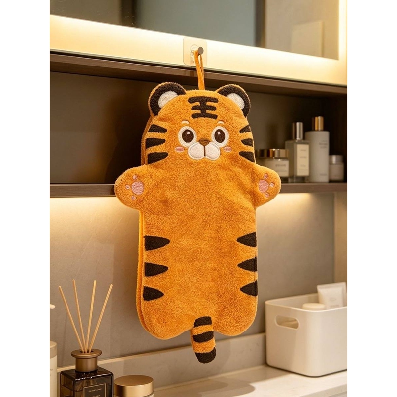 Creative Cartoon Little Tiger Oversized and Thickened Coral Fleece Hand Towel, Special Hanging Towel for Kitchen and Bathroom
