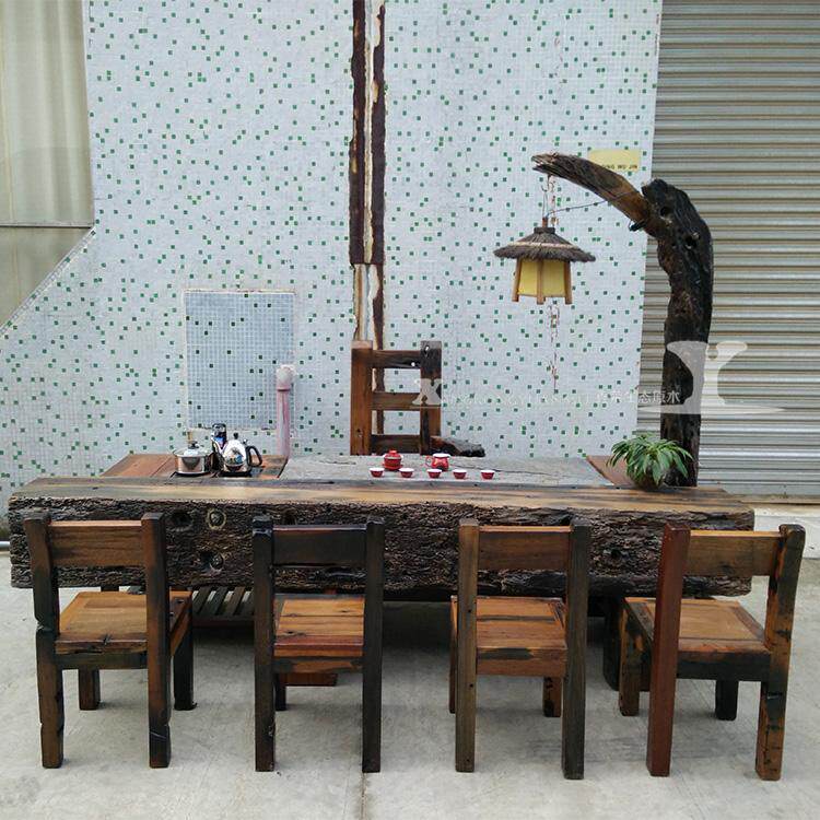 Old boat wood furniture boat wood furniture antique tea table and chair combination Kung Fu tea table balcony Chinese tea table outdoor tea art