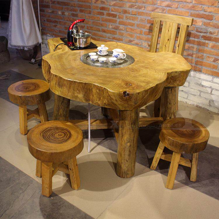 Zhangmu Tea Bench Solid Wood Log Fields Garden Original Eco tea table Silence Wind Tea Table And Chairs Combined Folk Juku Bubble Tea Table Balcony-Taobao