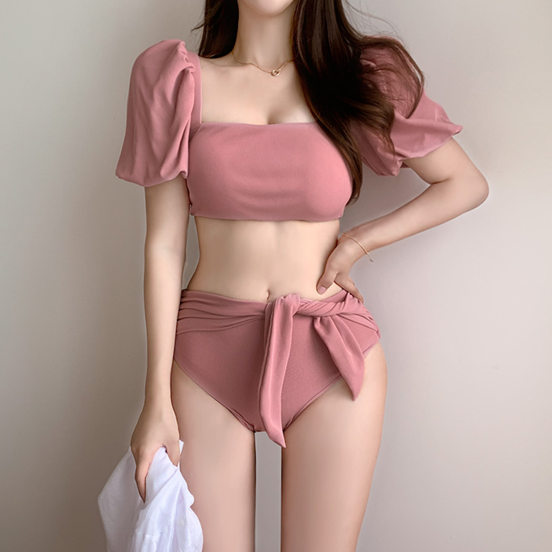 2021 new spa swimsuit women's Korean ins wind sexy high waist cover with slim student two-piece retro swimsuit