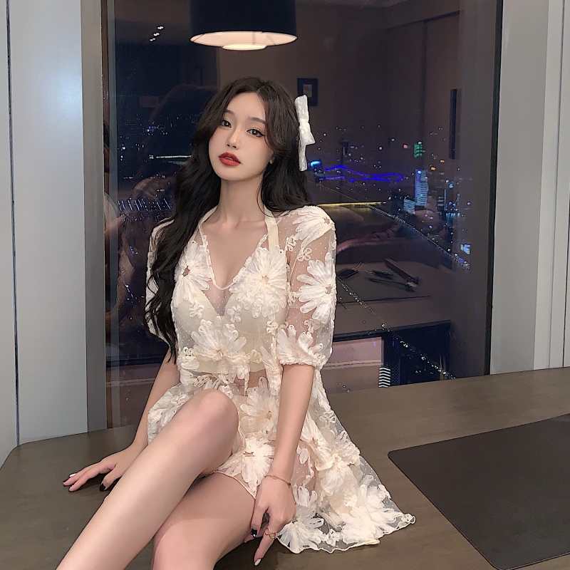 Miss rice flower swimsuit women's 2022 Advanced senses pure desire to be sexy and gather Andromeda Fan explicit to cover three sets-Taobao