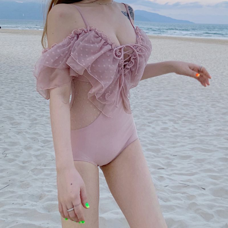 Super Fairy Swimsuit Woman South Korea Fashion Fairy fan Shoulder Lace Sexy Little Breasts to Reveal Back to Lean Bubble Hot Springs