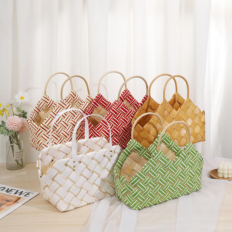 Portable Storage Basket, Woven, Fresh and Simple Shopping Basket, Convenient for Camping, Large Capacity, Handmade Plastic Knitting