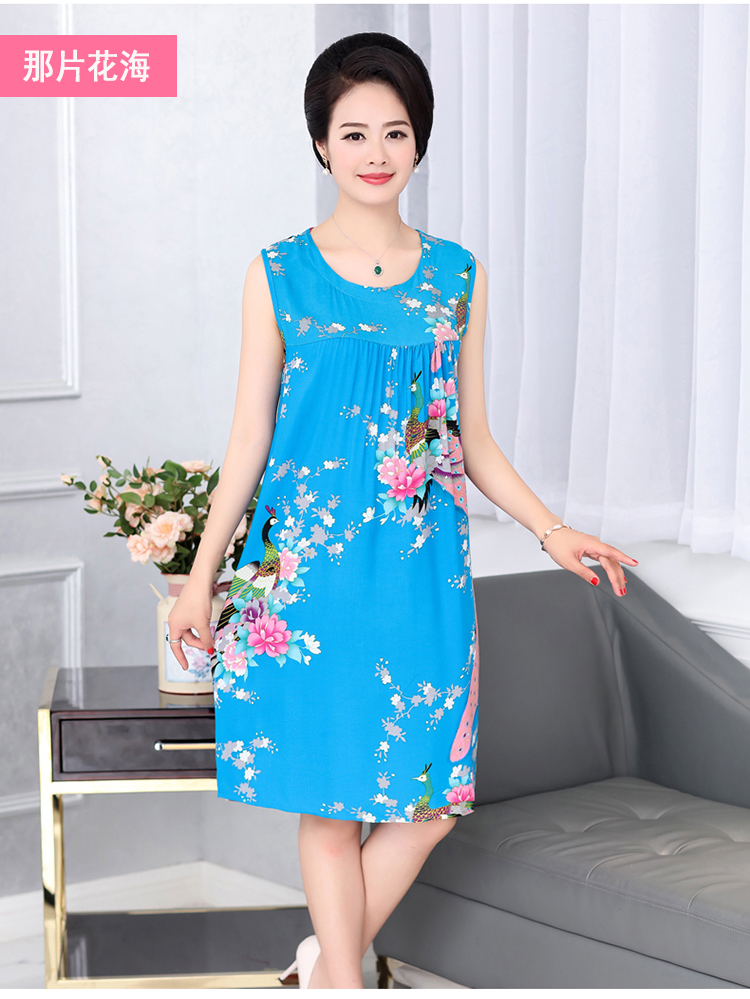 Trung niên và old-fashioned nightdress nữ mùa hè cotton lụa nightdress giản dị nhà không tay đầm lỏng kích thước lớn mẹ đồ ngủ