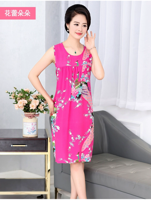 Trung niên và old-fashioned nightdress nữ mùa hè cotton lụa nightdress giản dị nhà không tay đầm lỏng kích thước lớn mẹ đồ ngủ