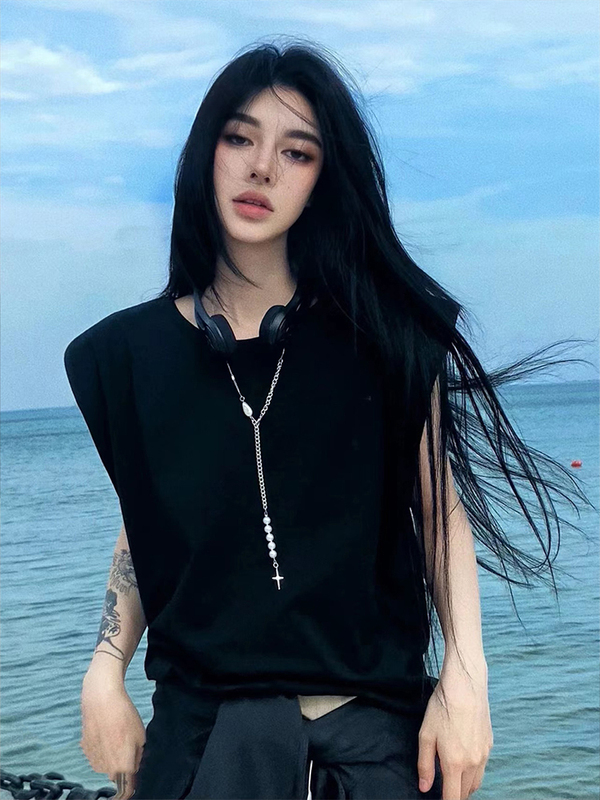Designed Shoulder Pad Vest Top for Women, New Summer Style, Black Versatile Outerwear, Loose Sweet Cool Sleeveless T-Shirt Trend