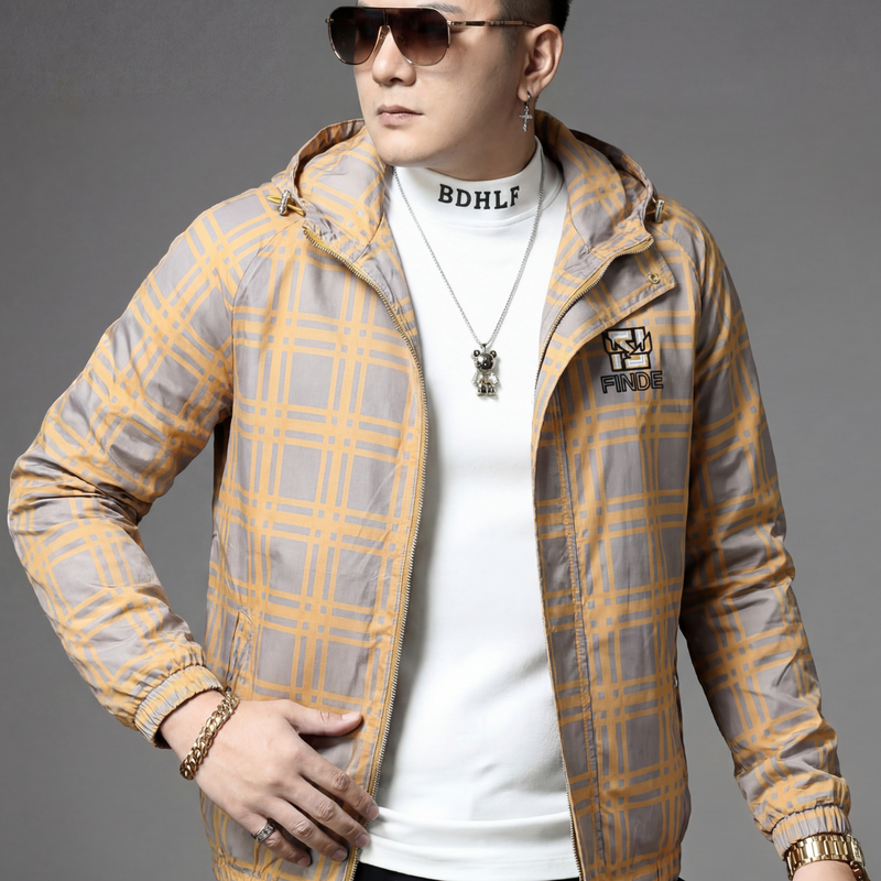 Men's High-End Embroidered Plaid Hooded Jacket New Autumn Fashion Brand Light Luxury Thin Casual Jacket
