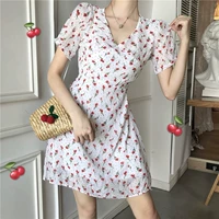 Mùa hè mới 2019 của phụ nữ retro cổ chữ V voan khí chất anh đào nhỏ chấm bi in eo váy Một chiếc váy chữ - A-Line Váy vay chu a