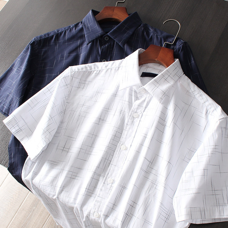High branch cotton yarn European and American foreign trade men's clothing factory Cut Tail Goods Color Weave Thread Bar Casual Short Sleeve Shirt Summer