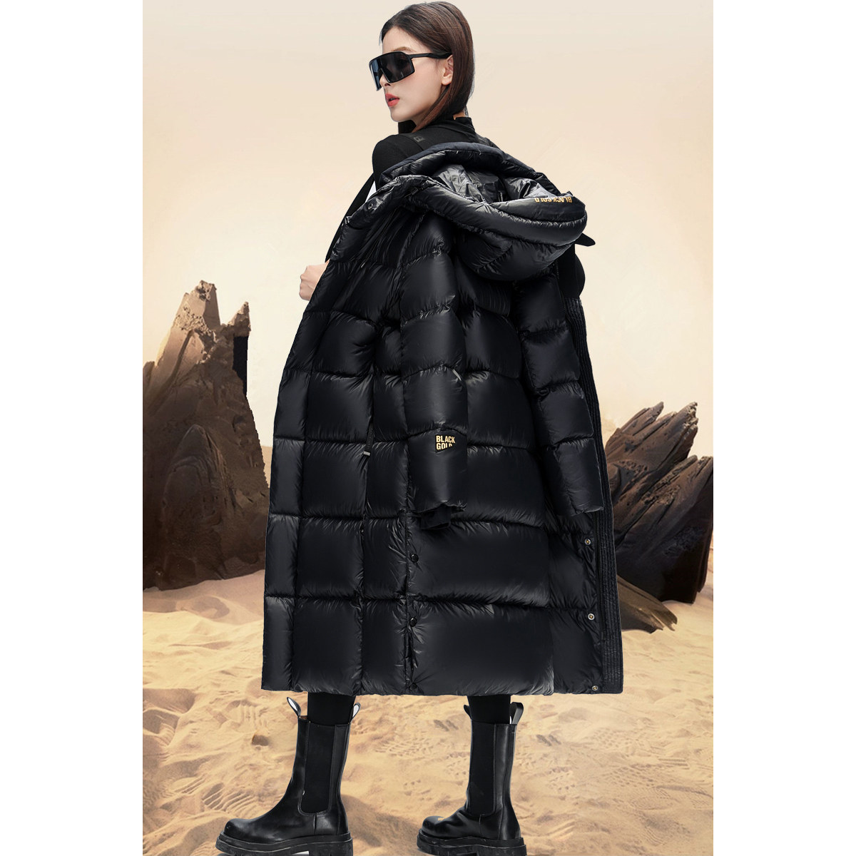 鸭鸭黑金鹅绒服女士2025冬季新款中长款过膝大克重加厚羽绒服外套 3